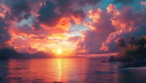 Sunset Sky Wallpaper: Ocean Landscape, Beautiful Clouds, Tropical Island View