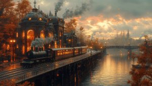 Steampunk Train City Autumn Scenery 4K Wallpaper for Desktop