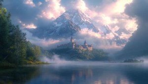 Castle and Mountain Landscape Wallpaper: Fantasy Scenery, 4K Background