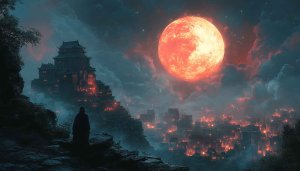 Blood Moon Fantasy Wallpaper, Oriental City, Landscape Background for Desktop