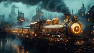 Steampunk Train Wallpaper, 4K Desktop Wallpaper, Cityscape, Fantasy Art