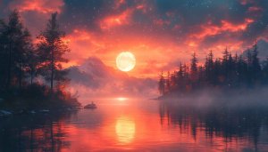 Full Moon Landscape Wallpaper: Lake, Mountains, Forest, and Fiery Sky