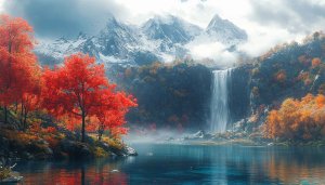Autumn Scenery Wallpaper: Waterfall, Mountains, and Colorful Trees 4K