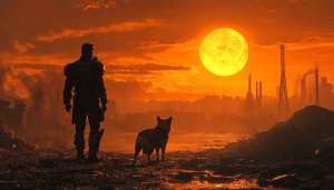 Fallout Video Game Wallpaper: Post-Apocalyptic Landscape with Dog Companion