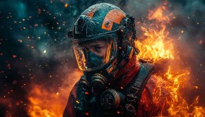 Firefighter Wallpaper: Heroic Portrait in Flames - 4K Wallpaper