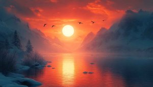 Sunset Wallpaper: Mountain, Lake, and Birds Scenic Desktop Wallpaper