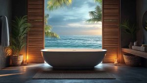 Ocean View Bathroom Wallpaper, Tropical Wallpaper, Bathtub Wallpaper, 4K Wallpaper