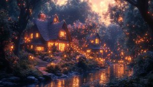 Enchanted Cottage Wallpaper: Fairy Lights, Forest, and River View