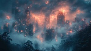 Burning City Wallpaper, Apocalyptic Cityscape, 4K Wallpaper, Dark Fantasy