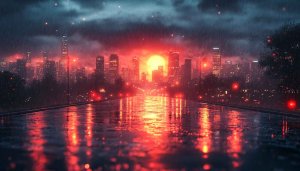 Rainy Cityscape Wallpaper, Red Lights, Dark Sky Wallpaper