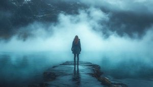 Mystic Lake Wallpaper: Girl in Foggy Landscape for Phone, Desktop