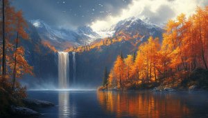 Autumn Waterfall Scenery Wallpaper: Nature, Lake, Mountain Views