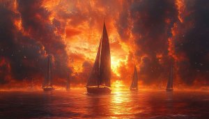 Fiery Sunset Sailboat Wallpaper: Ocean Scenery, 4K, Desktop Background