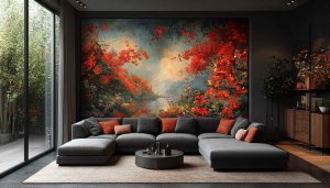 Floral Painting Wallpaper, Nature Inspired Art, Living Room Decor Ideas