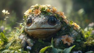 Cute Frog with Flowers Wallpaper, Nature Backgrounds, Desktop Aesthetic