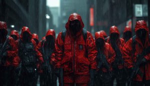 Squid Game Wallpaper, Red Soldiers in Rain, Dark Aesthetic