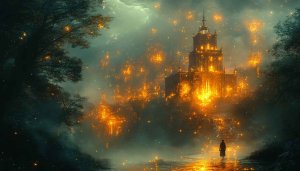 Fantasy Castle Wallpaper: Magical Landscape, Glowing Lights and Person