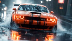 Orange Dodge Challenger Car Wallpaper, Rainy Night, 4K Wallpaper