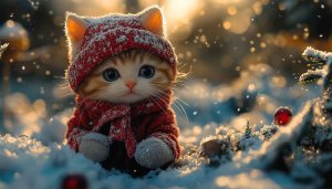 Winter Cat Wallpaper, Cute Kitten in Snow, Christmas Theme