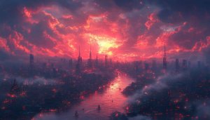 Dramatic Cityscape Wallpaper: Crimson Sky, Urban Landscape 4K