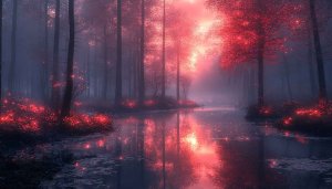 Mystical Forest Wallpaper, 4K Landscape, Red Reflection Aesthetic