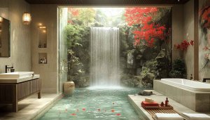 Waterfall Bathroom Wallpaper: Nature, Spa, Zen, Landscape, 4k Wallpaper