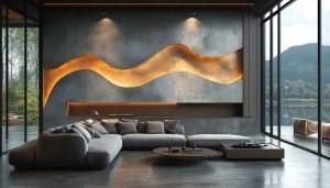 Interior Design Wallpaper: Modern Living Room with Lake View Scenery