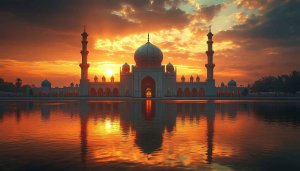 Mosque Wallpaper: Ramadan Kareem, Islamic Architecture, Sunset Reflection, 4K