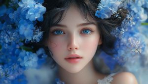 Blue Eyes Girl Portrait Wallpaper, Flower Girl AI Wallpaper, 4K
