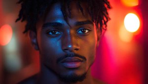 African American Man Portrait Wallpaper with Neon Light Backdrop
