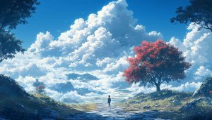 Anime Landscape Wallpaper: Serene Clouds, Sky, and Lonely Figure Scenery