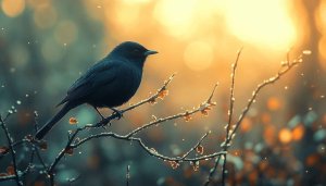Black Bird on Branch Wallpaper, Nature Desktop Backgrounds, 4k