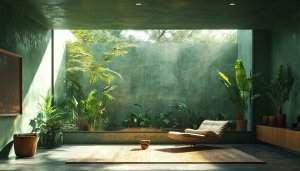 Tropical Interior Wallpaper: Green Plants, Minimalist Design, Home Decor