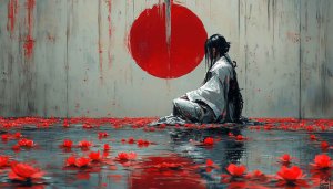 Japanese Art Wallpaper: Geisha, Red Sun, Lotus, 4K Wallpaper