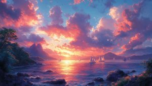Sunset Ocean View Wallpaper, Seascape Scenery Art, 4K Wallpaper