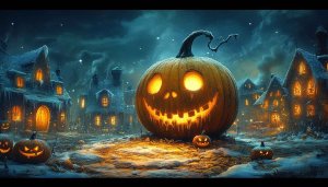 Spooky Halloween Wallpaper: Pumpkin Lanterns in Winter Village, Night Theme