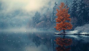 Winter Lake Wallpaper: Snowy Landscape, Tree Reflection 4k Wallpaper