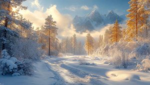 Winter Wonderland Wallpaper: Snowy Forest, Mountains and Sun Rays