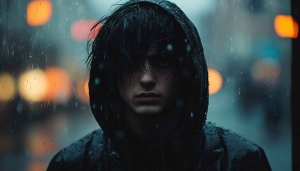 Rainy Day Wallpaper: Moody Man in Hoodie Aesthetic Background