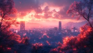 Cityscape Wallpaper: Pink Sky, Cherry Blossoms, Urban Scenery in 4K