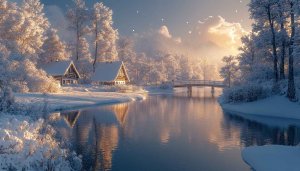 Winter Wallpaper: Snowy Landscape, River, Houses, Bridge, 4K Wallpaper