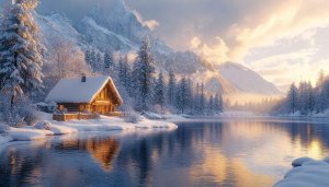 Winter Cabin Wallpaper: Snowy Mountain Lake House Scenery
