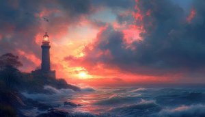 Ocean Sunset Lighthouse Wallpaper | 4K Sea Landscape Wallpaper