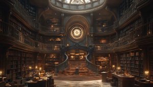 Grand Library Wallpaper: Bookshelves, Stairway, Study, Interior Design