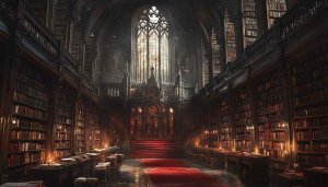 Grand Library Wallpaper: Bookshelves, Gothic Architecture, Study, and Academia