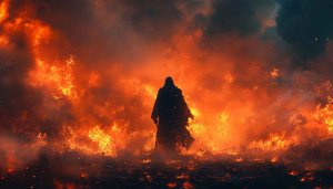 Inferno Fire Wallpaper: Dark Figure Amidst Flames 4K HD