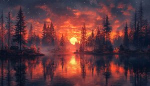 Sunset Lake Wallpaper: Forest Landscape, Nature Scenery for Desktop