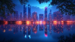 Night Cityscape Wallpaper: Building Reflections on Water 4K UHD