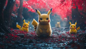 Pikachu Wallpaper: Adorable Pokémon in Red Forest, 4k, Desktop Background