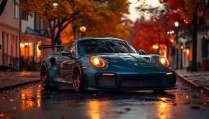 Porsche Car Wallpaper: Autumn Theme, Dark Blue Sports Car 4K